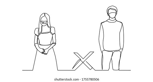 Dibujo continuo de personas de pie y con máscara en distanciamiento social para evitar la propagación de virus. Ilustración del vector