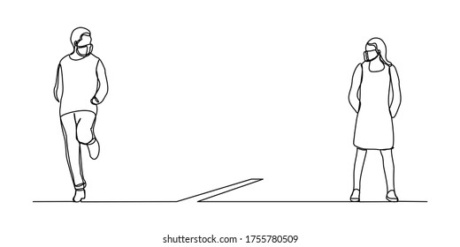 Continuous Line Drawing Of People Standing And Wearing Mask  In Social Distancing To Prevent Spreading Of Viruses. Vector Illustration