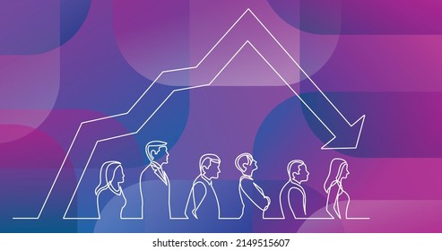 dibujo de línea continua de personas de pie en línea con gráfico decreciente