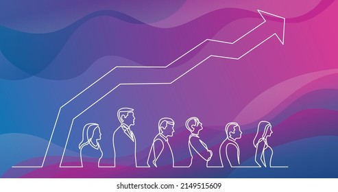 dibujo de línea continua de personas en línea con gráfico creciente