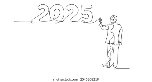 continuous line drawing of people standing writing on the wall the number 2025.one line drawn 2025 new year anniversary sign.single line vector illustration.isolated white background