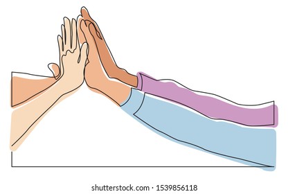 continuous line drawing of people team hands giving high five