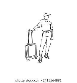 Continuous Line Drawing People Want to Travel with Suitcases. Illustration Icon Vector