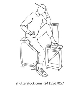 Continuous Line Drawing People Want to Travel with Suitcases. Traveling Concept. Illustration Icon Vector