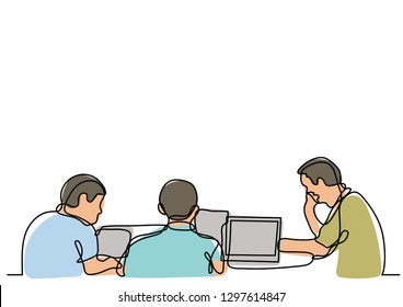 continuous line drawing of people working on laptop computers