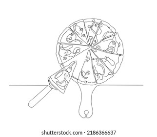 Continuous line drawing of Pepperoni Pizza on Wooden Board. Pizza Single Line Art.