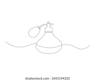 Continuous line drawing of perfume bottle. One line of perfume spray. Fragrance concept continuous line art. Editable outline.
