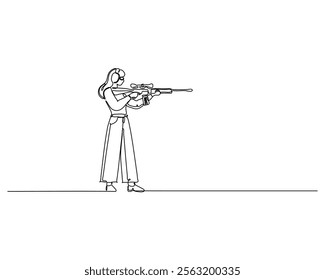 Continuous line drawing of a person aiming a rifle, wearing protective headphones and glasses, standing in a shooting stance. Ideal for illustrating shooting sports, training, or safety concepts