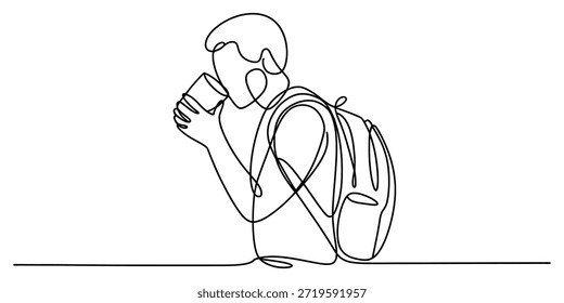 Un dibujo de línea continua de una persona con una mochila disfrutando de una bebida refrescante de una taza de Vector, ilustración