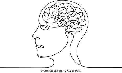 Dibujo De Línea Continua Persona Cerebro Complicado. Overthinking Arte vectorial de estrés de sobrecarga mental. un dibujo de icono de línea con fondo blanco
