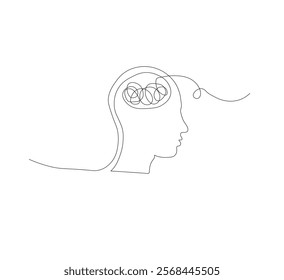 Continuous line drawing of a person with confused feelings about poor mental health. Concept of problems, failures and sadness. Vector illustration