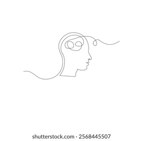 Continuous line drawing of a person with confused feelings about poor mental health. Concept of problems, failures and sadness. Vector illustration