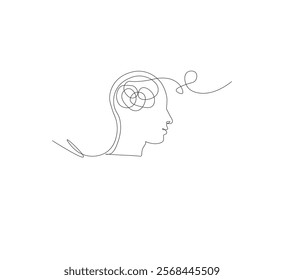 Continuous line drawing of a person with confused feelings about poor mental health. Concept of problems, failures and sadness. Vector illustration