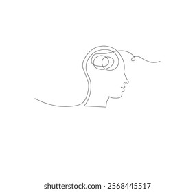 Continuous line drawing of a person with confused feelings about poor mental health. Concept of problems, failures and sadness. Vector illustration