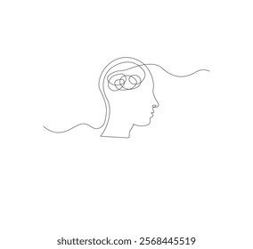 Continuous line drawing of a person with confused feelings about poor mental health. Concept of problems, failures and sadness. Vector illustration