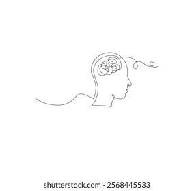 Continuous line drawing of a person with confused feelings about poor mental health. Concept of problems, failures and sadness. Vector illustration