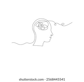 Continuous line drawing of a person with confused feelings about poor mental health. Concept of problems, failures and sadness. Vector illustration