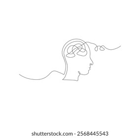Continuous line drawing of a person with confused feelings about poor mental health. Concept of problems, failures and sadness. Vector illustration