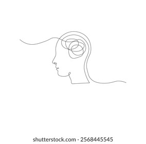 Continuous line drawing of a person with confused feelings about poor mental health. Concept of problems, failures and sadness. Vector illustration