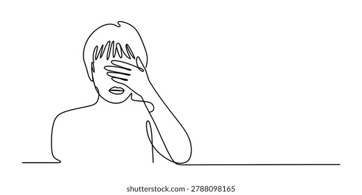 Continuous line drawing of a person covering face with hand showing shame or embarrassment Vector, illustration