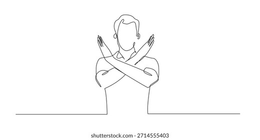 Dibujo de línea continuo de una persona cruzando las armas en rechazo, expresando rechazo. Ilustración de una sola línea adecuada para conceptos de denegación de advertencia y respuesta negativa.