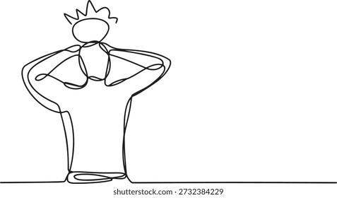 Dibujo continuo de la línea de la persona que experimenta dolor de cabeza o agotamiento. Arte minimalista del individuo frustrado con las manos en la cabeza. Esbozo conceptual de conciencia sobre el estrés y la salud mental. Emoción humana de ansiedad y presión ilustración. Dibujo de línea simple de la silueta de carácter confuso o cansado.