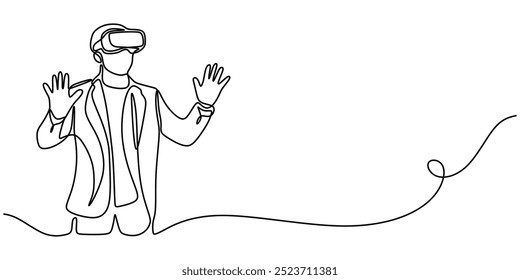 Continuous line drawing of a person fully engaged in a virtual reality gaming experience. Captures the excitement of immersive technology in a minimalist style.