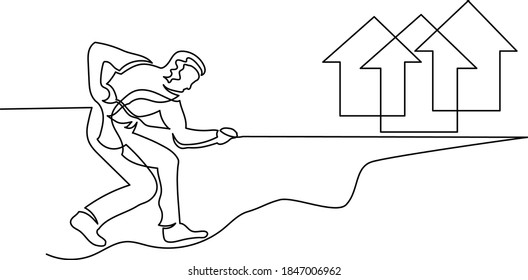 
Continuous line drawing, a person goes to the goal. Climbing the mountain. The concept of growth and achievement of success.