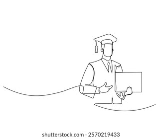 continuous line drawing of a person in a graduation cap and gown, holding a diploma aloft. Academic triumph and is perfect for themes of success and achievement