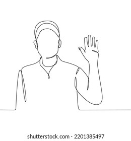 continuous line drawing a person greets by raising his hand
