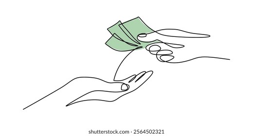 Continuous line drawing of a person handing over money, representing the process of financial exchange. One line drawing for business and banking concepts. Vector illustration hand drawn.