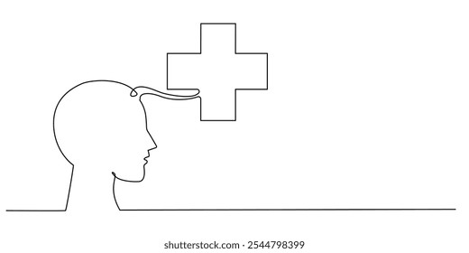 continuous line drawing of person head and medical icon.one line drawing of health thinking person.single line vector illustration.isolated white background