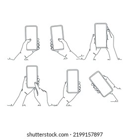 dibujo de línea continua de la persona que sostiene el smartphone, mano que sostiene el smartphone