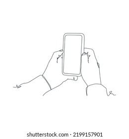 dibujo de línea continua de la persona que sostiene el smartphone, mano que sostiene el smartphone