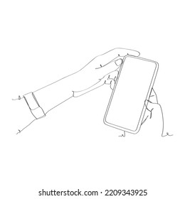 dibujo de línea continua de la persona que sostiene el smartphone, mano que sostiene el smartphone