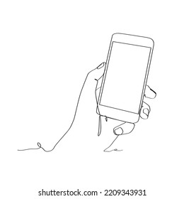 continuous line drawing of person holding smartphone, hand holding smartphone