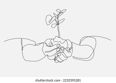 Continuous Line Drawing of person holding leafed seedling, file editable. Continuous line draw design graphic vector illustration