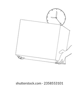 continuous line drawing person holding package box with time sign illustration