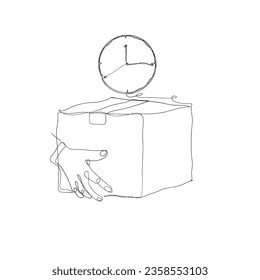 continuous line drawing person holding package box with time sign illustration