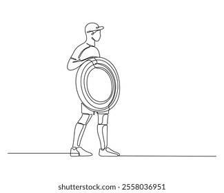 Continuous line drawing of a person holding a dart, standing in a focused pose. Minimalist design perfect for themes of sports, accuracy, and precision.