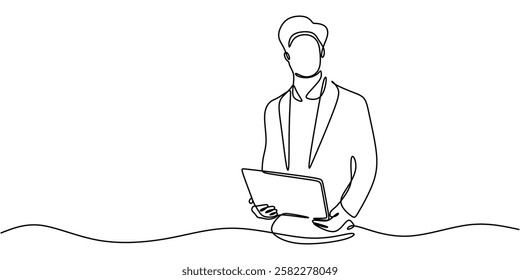 Continuous line drawing of Person holding a laptop. Representing remote work or digital business. Vector illustration hand drawn.