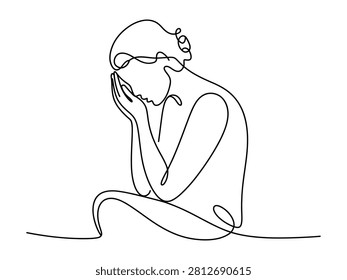 Continuous line drawing of a person holding their face in their hands with a sense of sadness or contemplation isolated on a white background