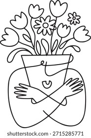 Dibujo de línea continua de una persona abrazando un jarrón de flores con un ramo de tulipanes. Abstractas ilustración minimalista de la felicidad del cuidado personal y el amor por la naturaleza. Arte de una sola línea que representa la figura humana que interactúa con el arreglo floral que representa la belleza y la ternura.