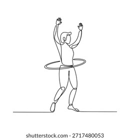 Um desenho de linha contínua de uma pessoa alegremente hula hooping exterior