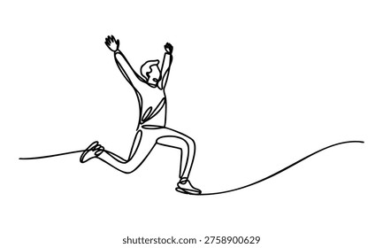 Continuous line drawing of a person jumping in the air with arms raised high