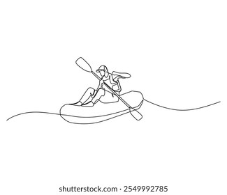 A continuous line drawing of a person kayaking. Dynamic and elegant representation of the activity perfect for outdoor sport and adventure