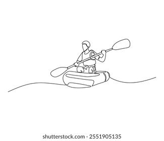 Dibujo continuo de una persona en kayak. ideal para temas de aventura al aire libre, deportes y simplicidad en el diseño