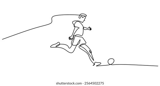 Continuous line drawing of a person kicking a soccer ball, emphasizing physical activity and teamwork in sports. Minimalist design for fitness and well being. Vector illustration hand drawn.
