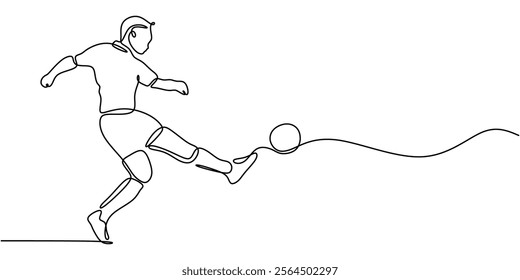 Continuous line drawing of a person kicking a soccer ball, highlighting athletic skill and the spirit of teamwork. Minimalist design for sports and fitness. Vector illustration hand drawn.