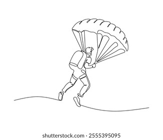 A continuous line drawing of a person landing with a parachute, capturing the thrill and dynamic movement of skydiving. Perfect for themes of adventure, extreme sports, and outdoor activities